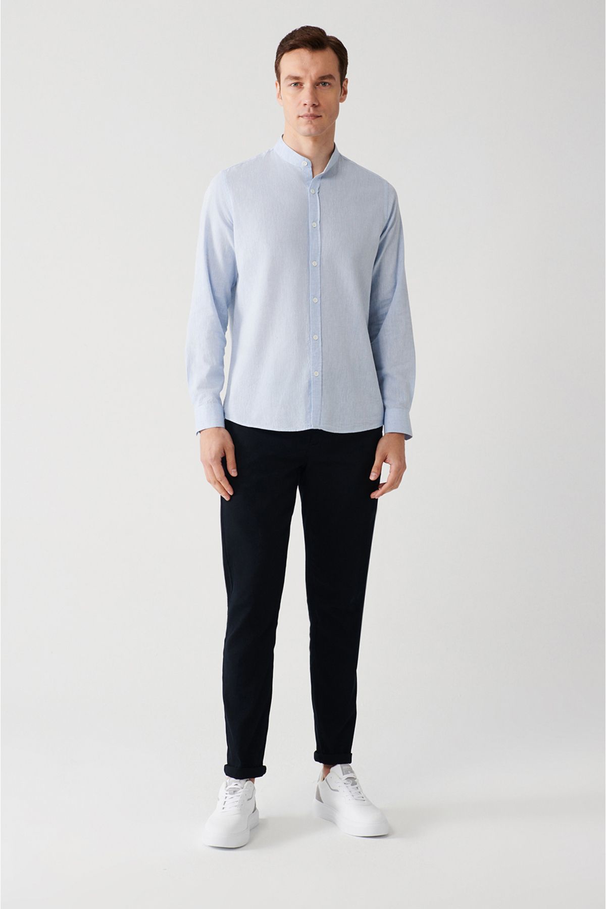 Men's blue dominant collar linen mixed shirt B002027