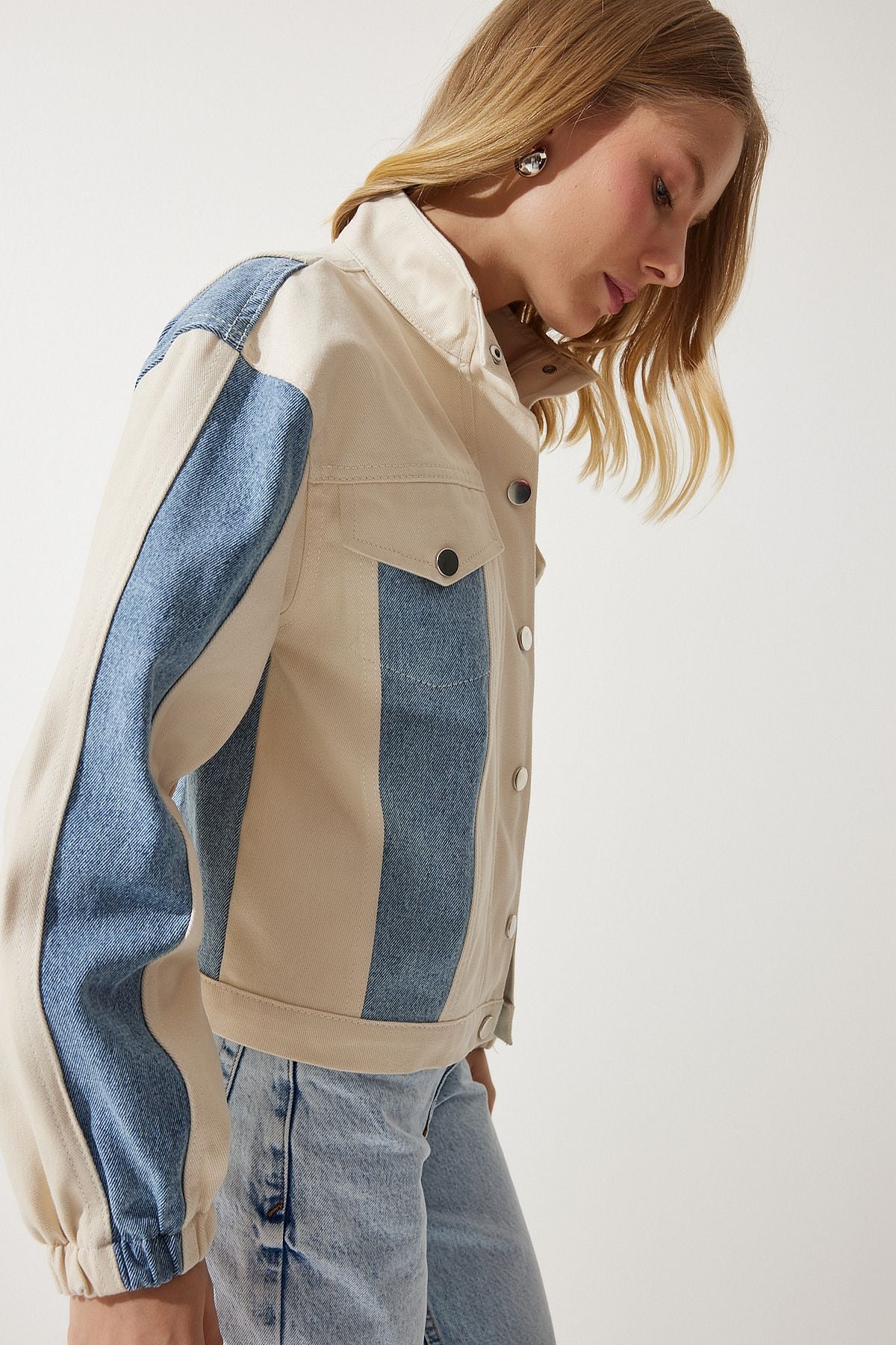 Women's cream blue block colored gabardin jacket rv00181