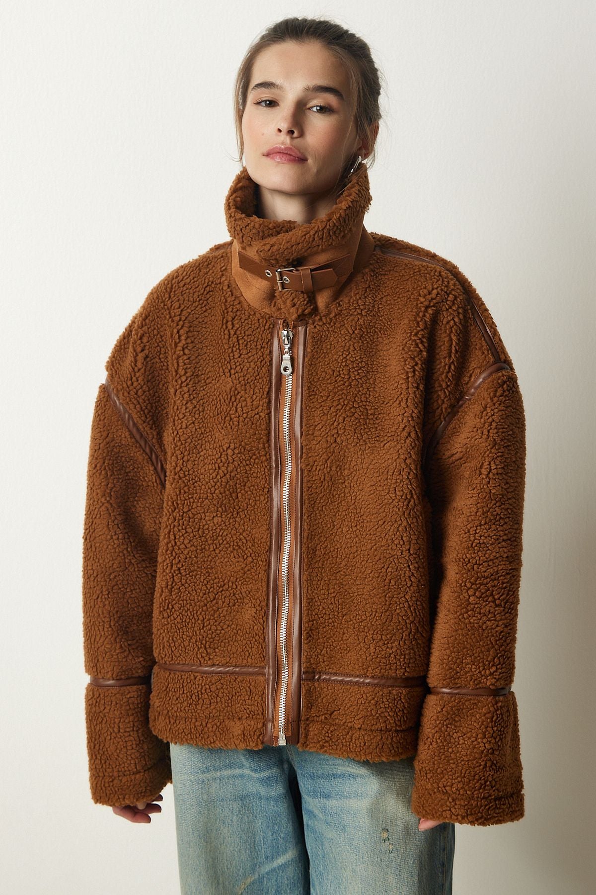 Female Brown Artificial Fur Biker Jacket FN03153