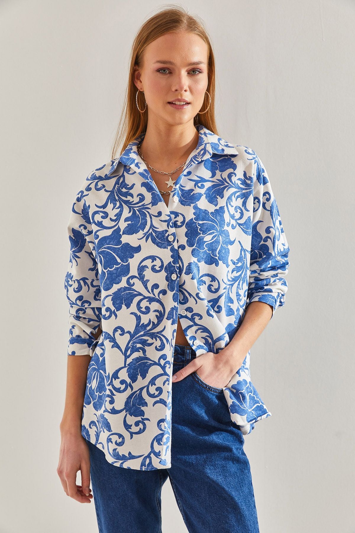 Women Patterned Shabby Linen Shirt 60101020