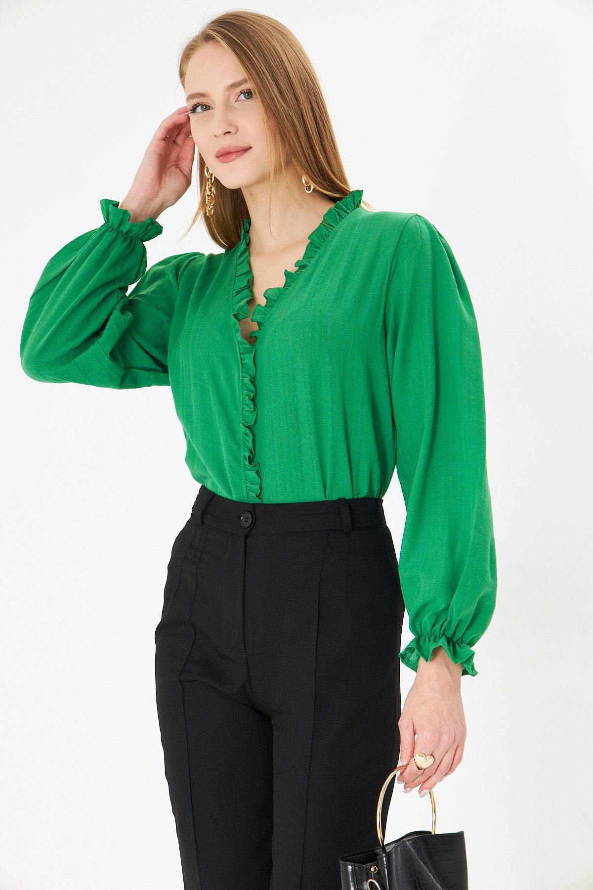 Female Green Side and Ruffle Detail Arms with Rubber Long Sleeve Blouse Arm-25k001030