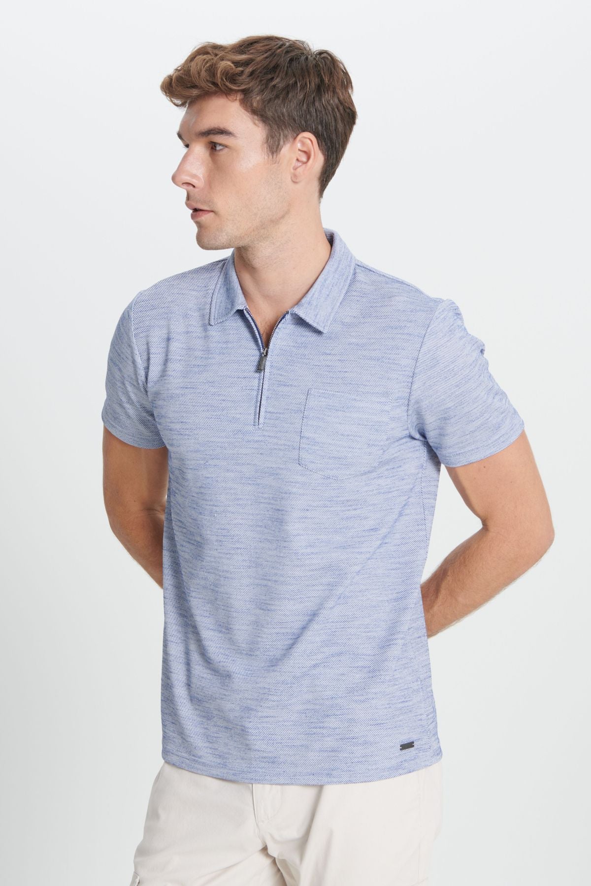 Men's navy blue slim fit narrow cut polo collar striped T -shirt