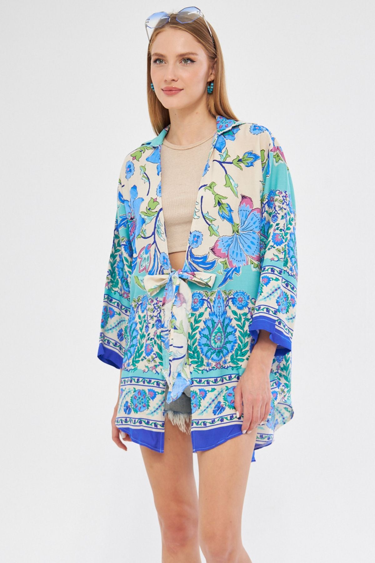Female Saks Patterned front-binding kimono shirt ARM-24Y001080