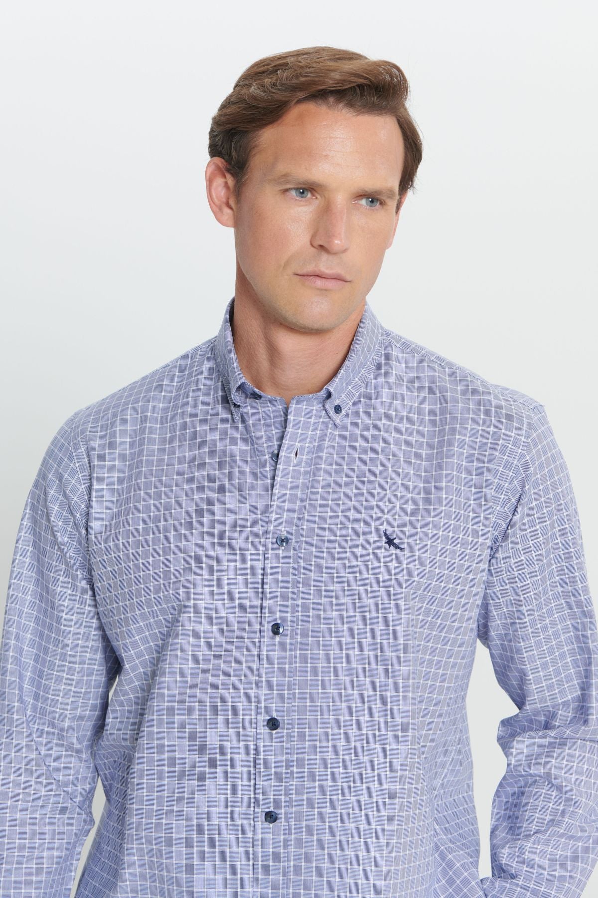 Men's navy blue-white regular fit comfortable cut buttoned collar checkered shirt