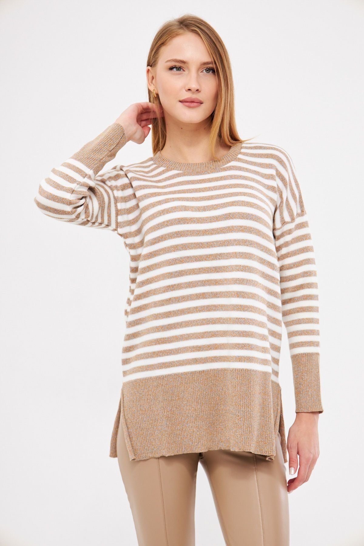 Female mink round collar striped knitwear sweater ARM-24K012013