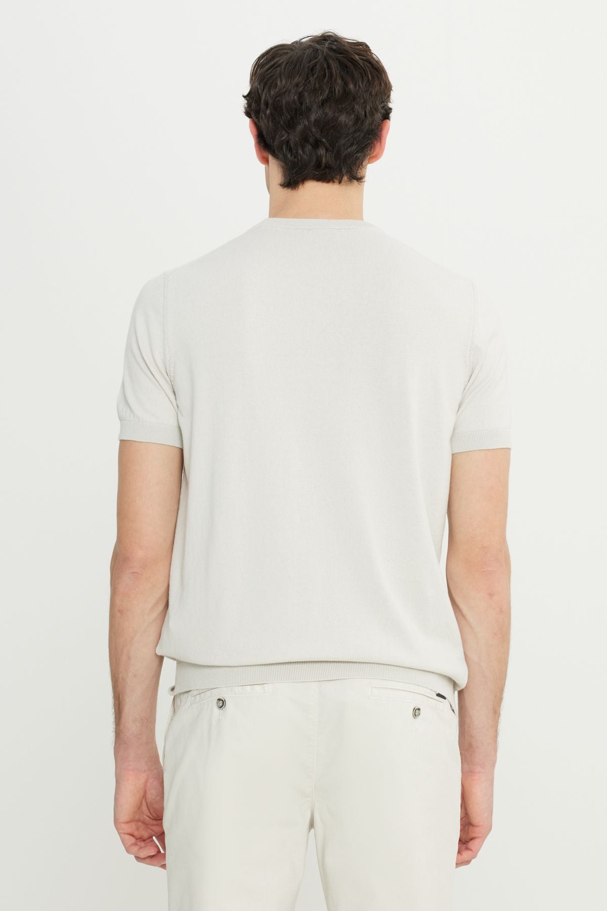 Male Light Gray 100 %Cotton Standard Fit Normal Cut Bicycle Yaka Jacquari Triko T -shirt