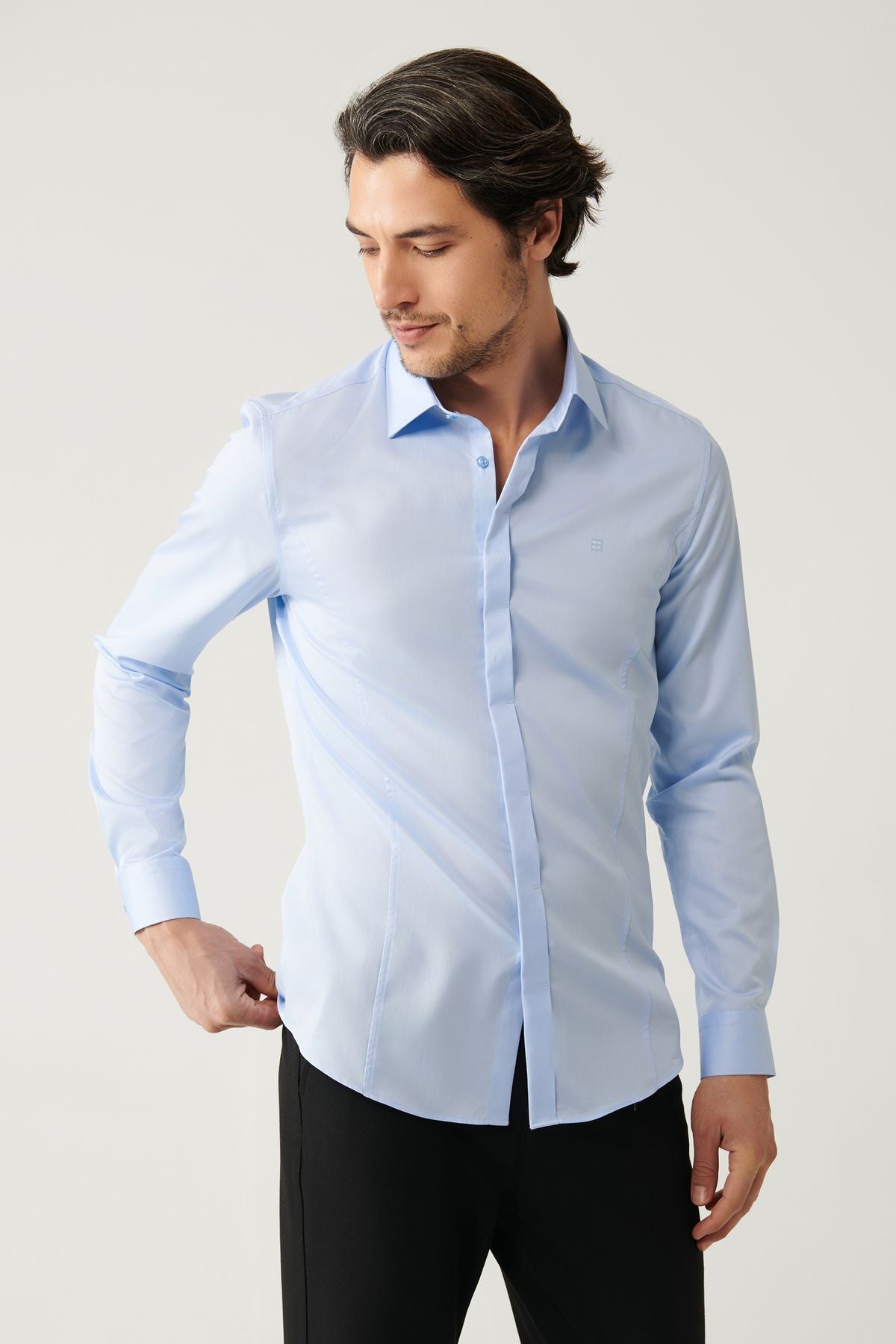 Men's blue 100 %cotton classic collar satin shirt B002002
