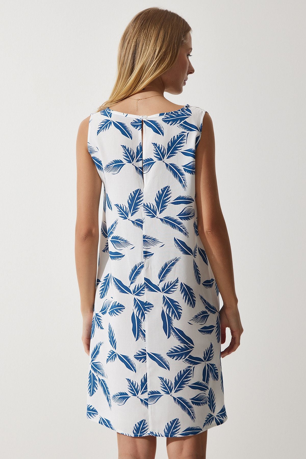 Woman White Navy Blue Patterned Kenten Viscose Mini Dress BH00343