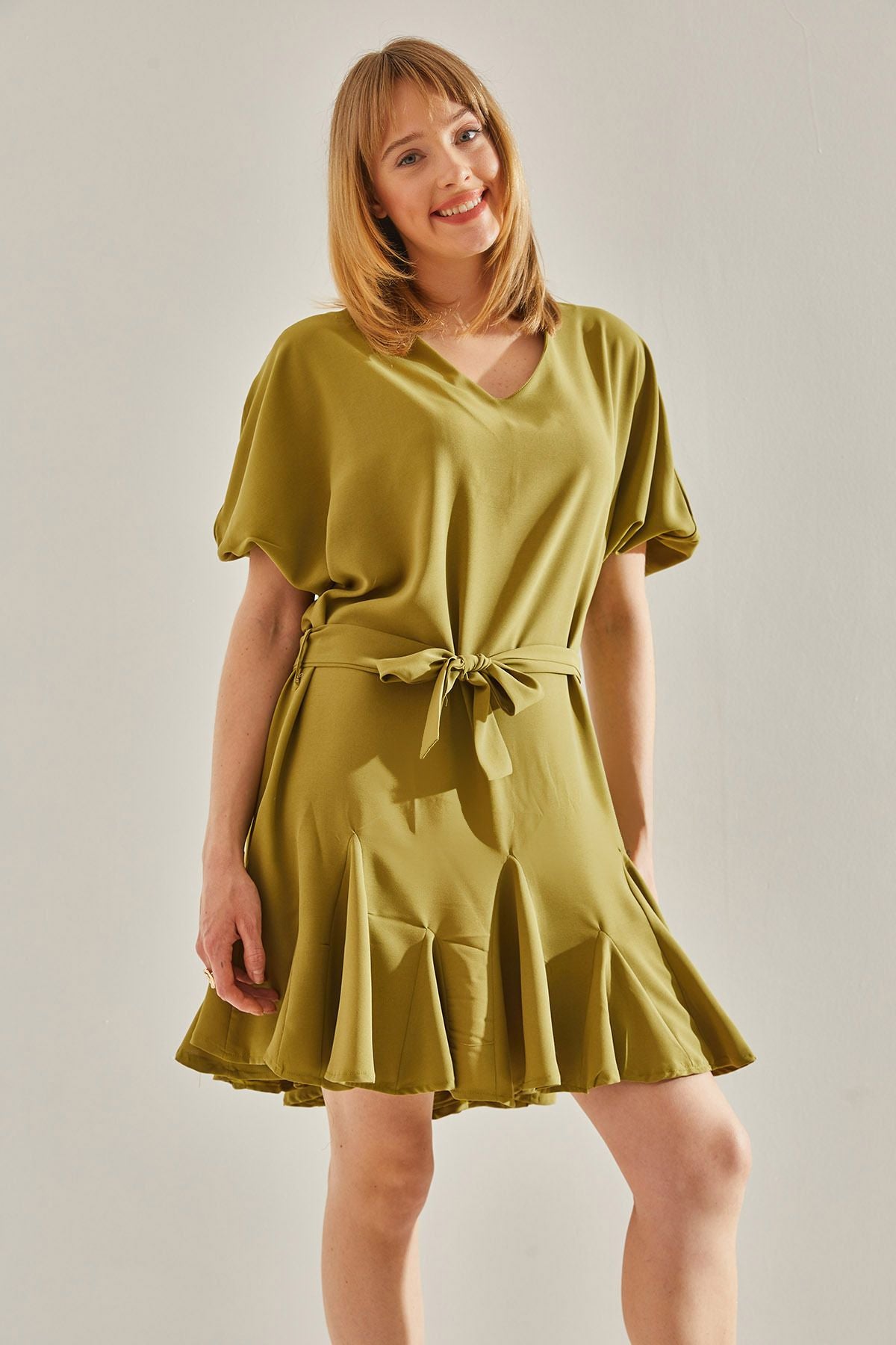 Women's Oil Green Ruffle Detailed V -Neck Bidelite Dress 60251019