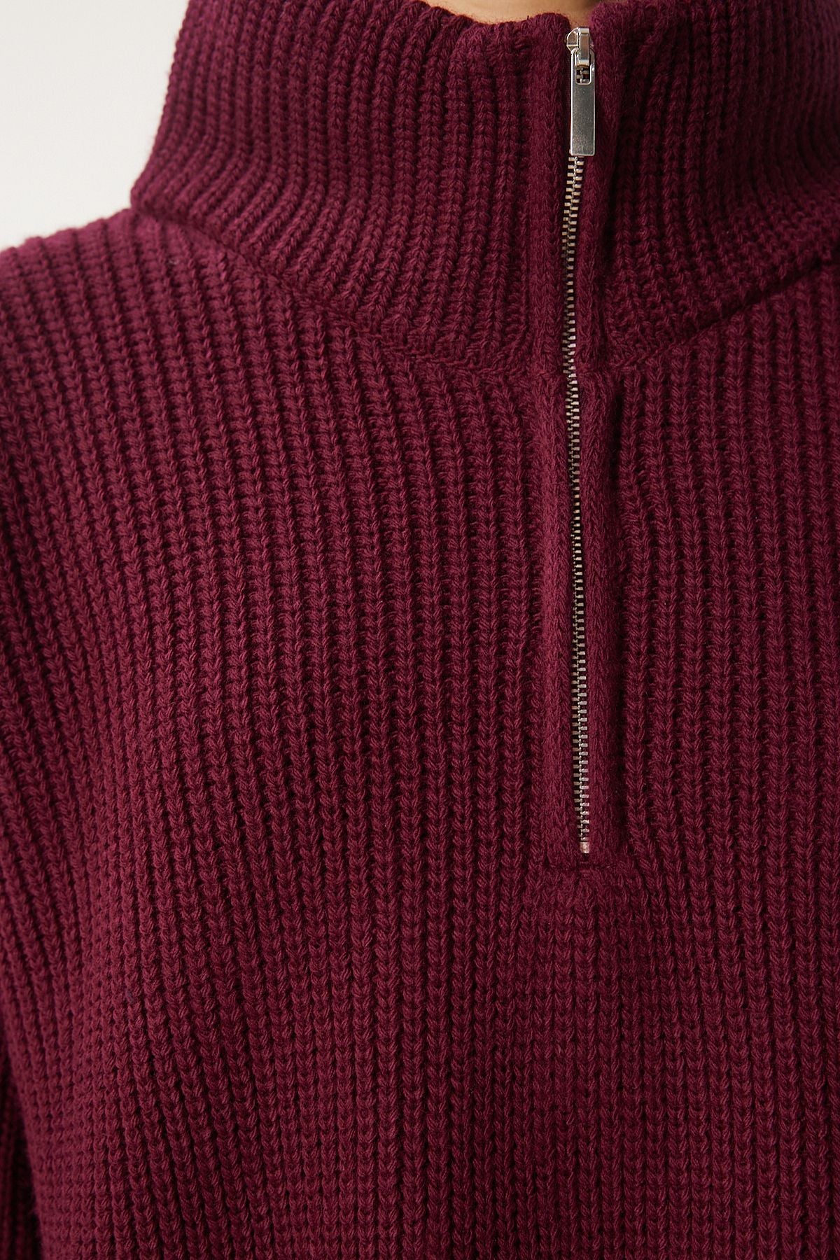 Female Bordeaux Zipper Fisherman Yaka Knitwear Kazakh MX00124