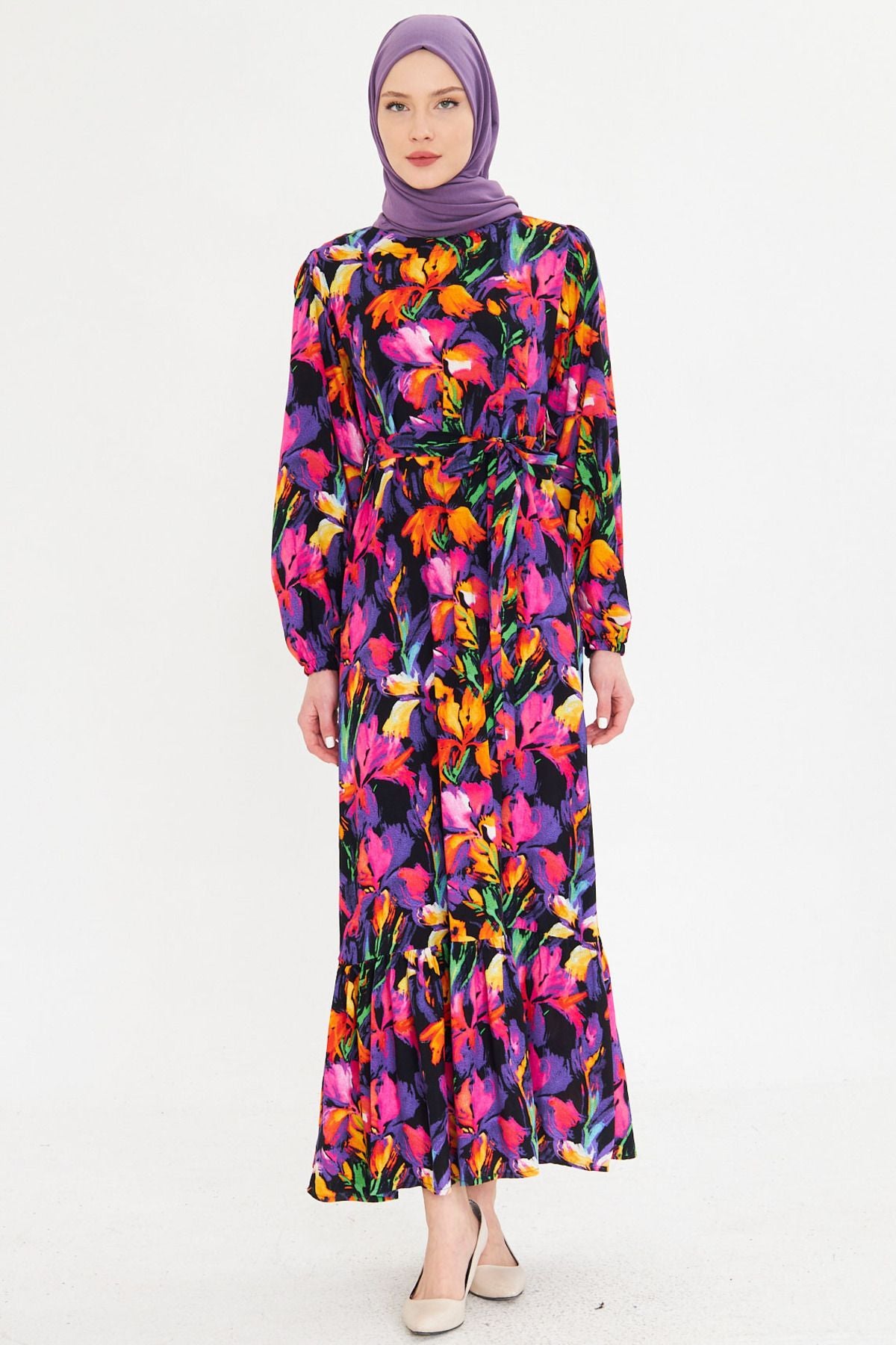 Female Purple Zero Back Back Zipper Skirt End Long Hijab Dress with Ruffle Born Arm-25k001101