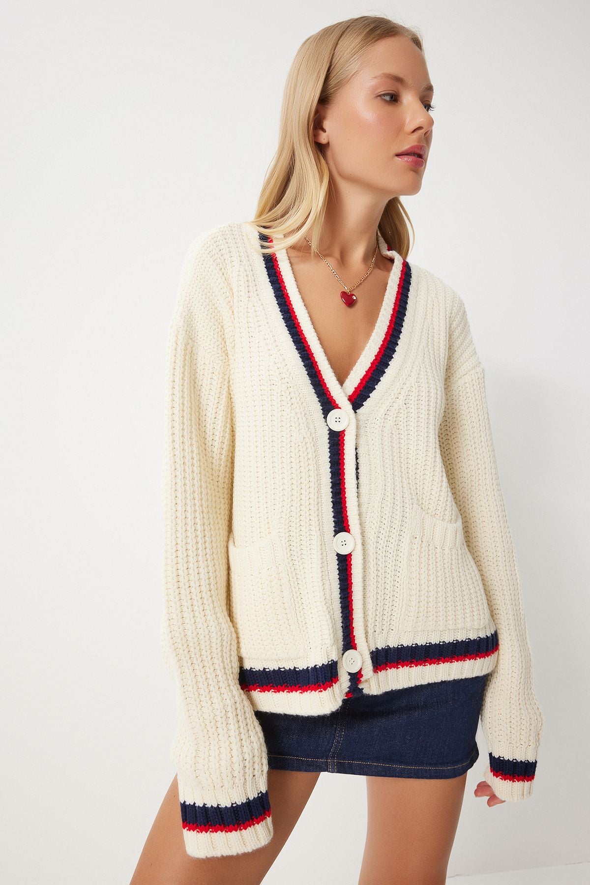 Women's Cream V -Neckline Detail Triko Cardigan PF00085