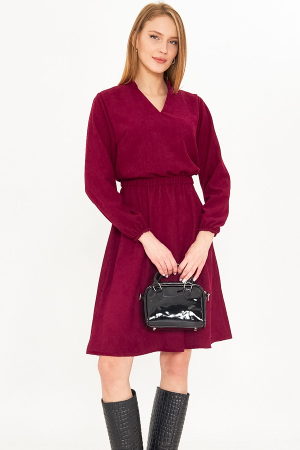 Female Plum Velvet V-Yaka Waist Fine Wick with Rubber Clash Dress ARM-25K001049
