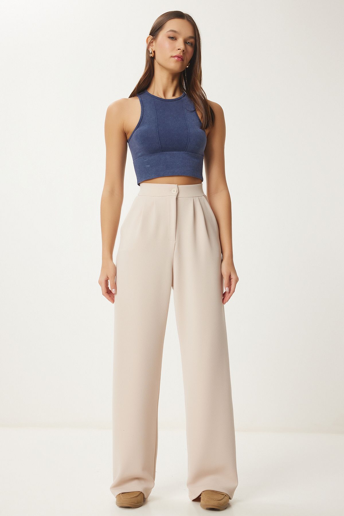 Women's Cream Lycled Comfortable Palazzo Knitting Pants RV00175