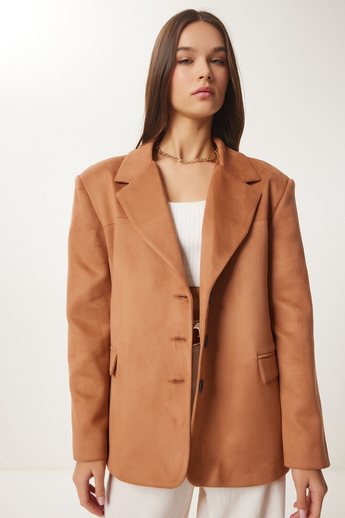 Woman Camel Premium Suede Blazer Jacket FN03443