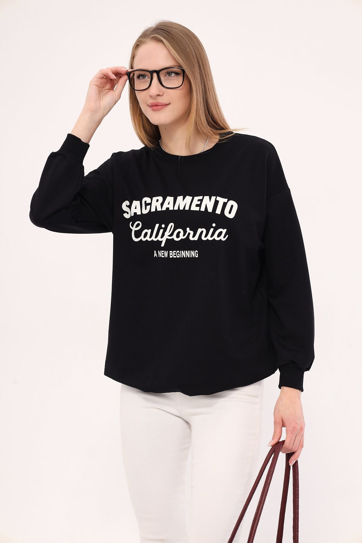 Woman Black Sacramento Printed Oversiz Sweatshirt Arm-25k001020