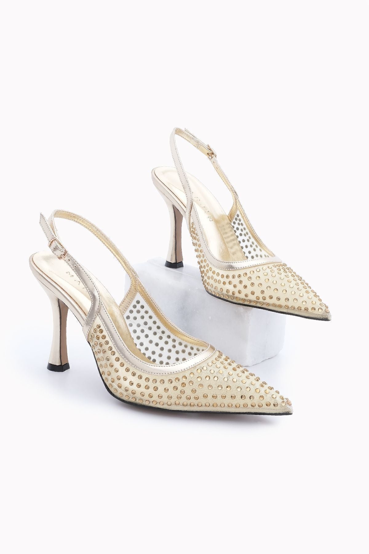 Women's Stiletto Stone Behind Open Heeled Shoes Dentar Gold