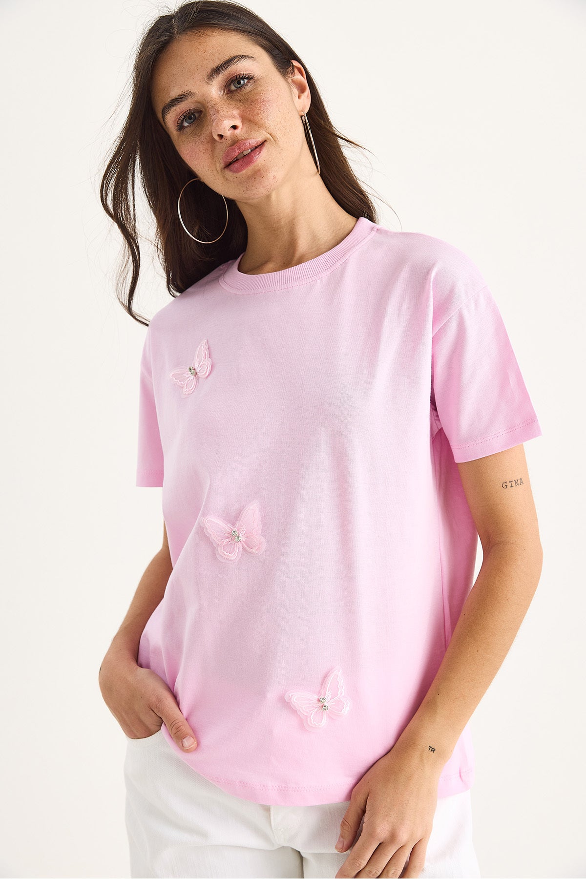 Women's Butterfly Accessory Crew Neck Cotton T-Shirt 60602071