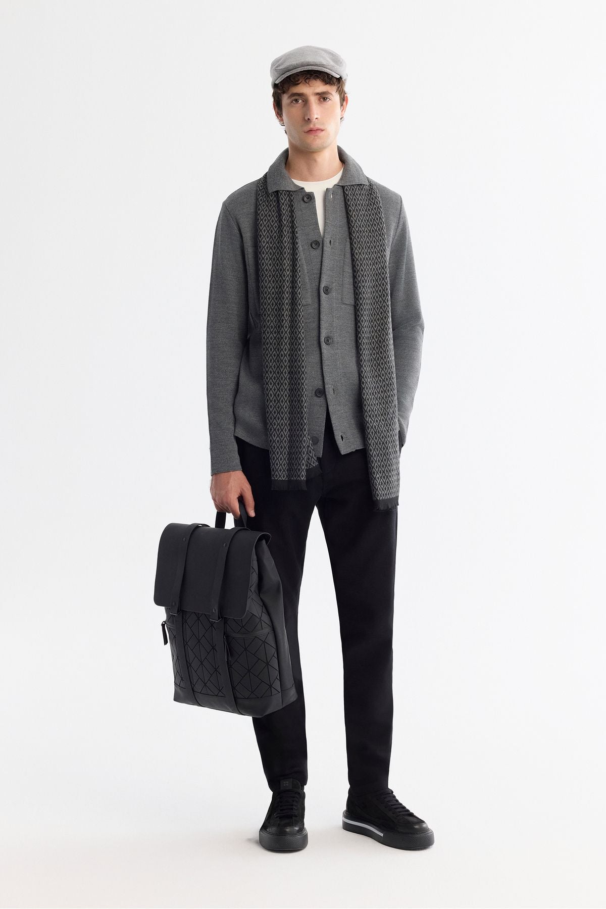 Men's gray polo collar button woolen cardigan A42Y5048