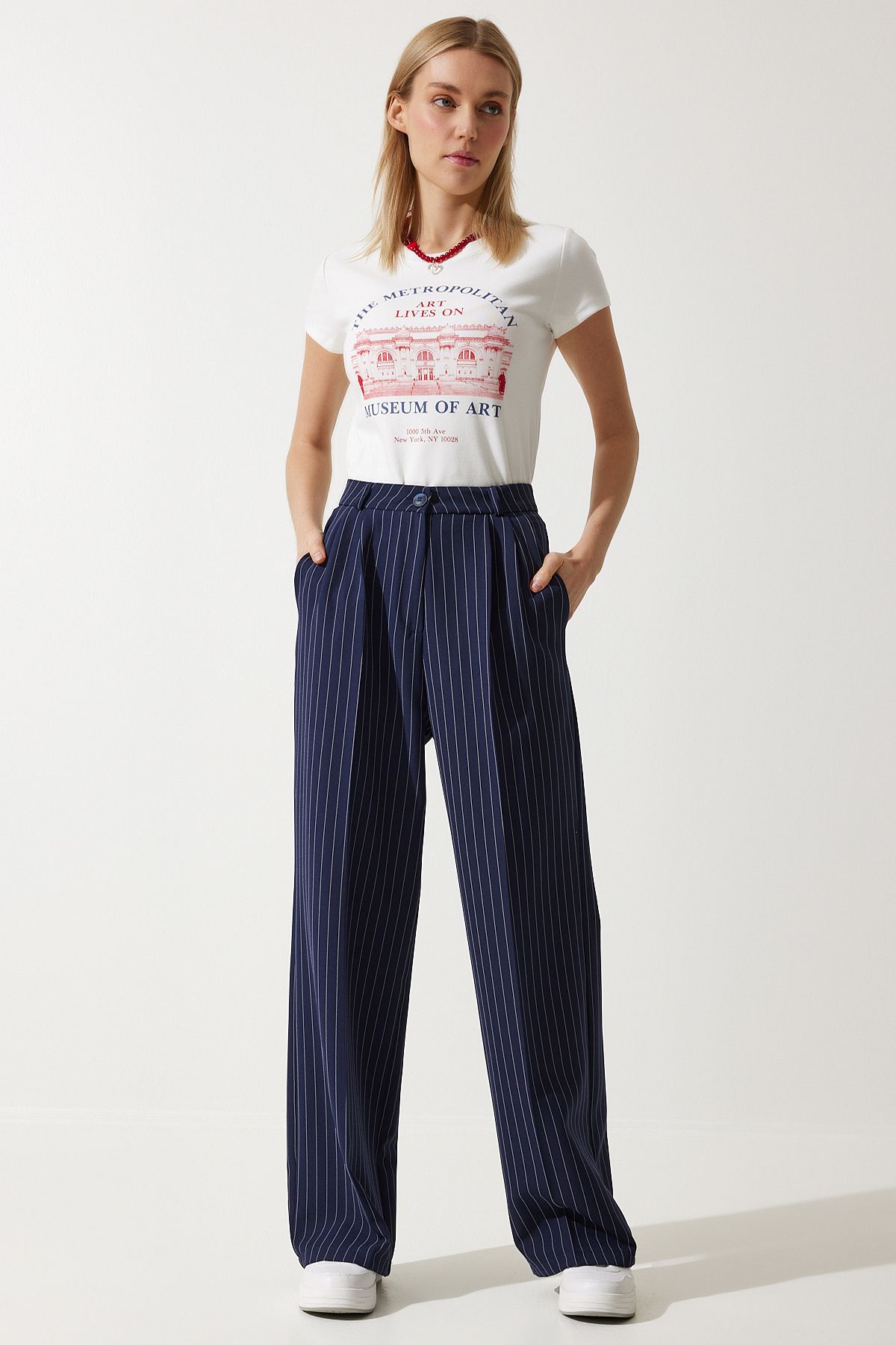 Woman Navy blue fine striped masculine palazzo pants DW00005