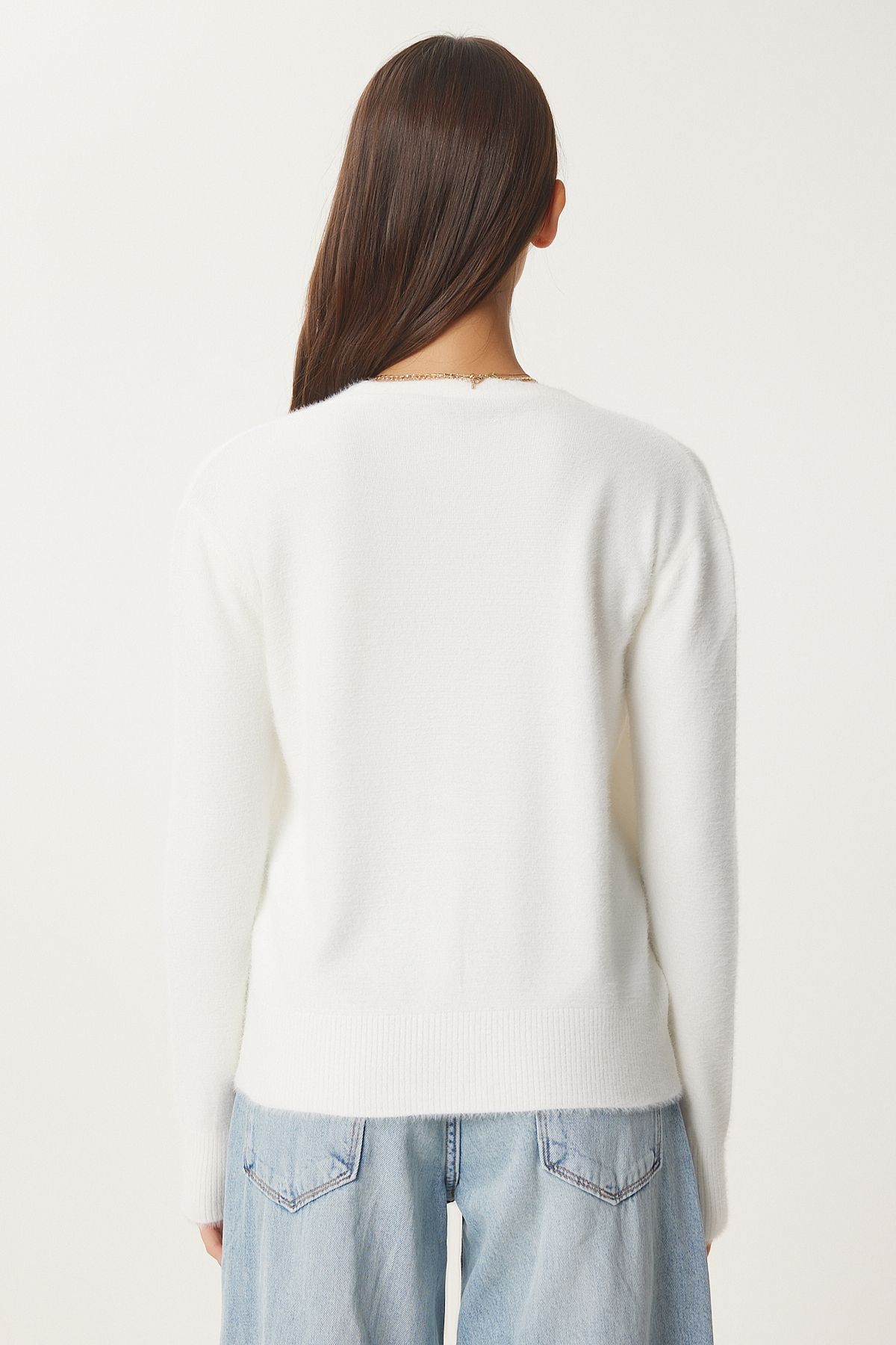 WOMEN ECRU V -Yaka Bearded Seasonal Triko Cardigan FN03446