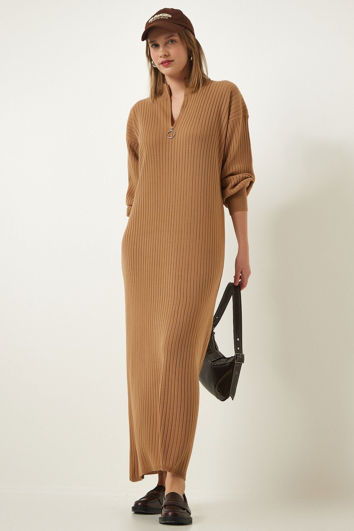 Female Biscuit Zippered Neck Vumor Long Knitwear Dress DD01295