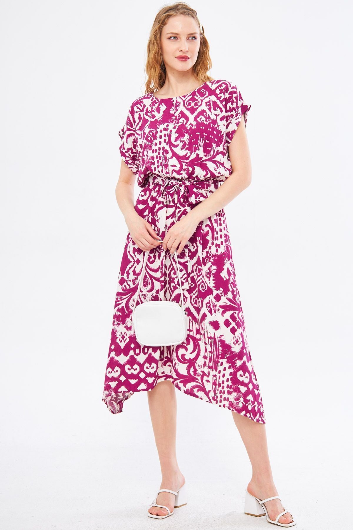 Woman Purple Waist Title Tinded Patterned Dress ARM-221044