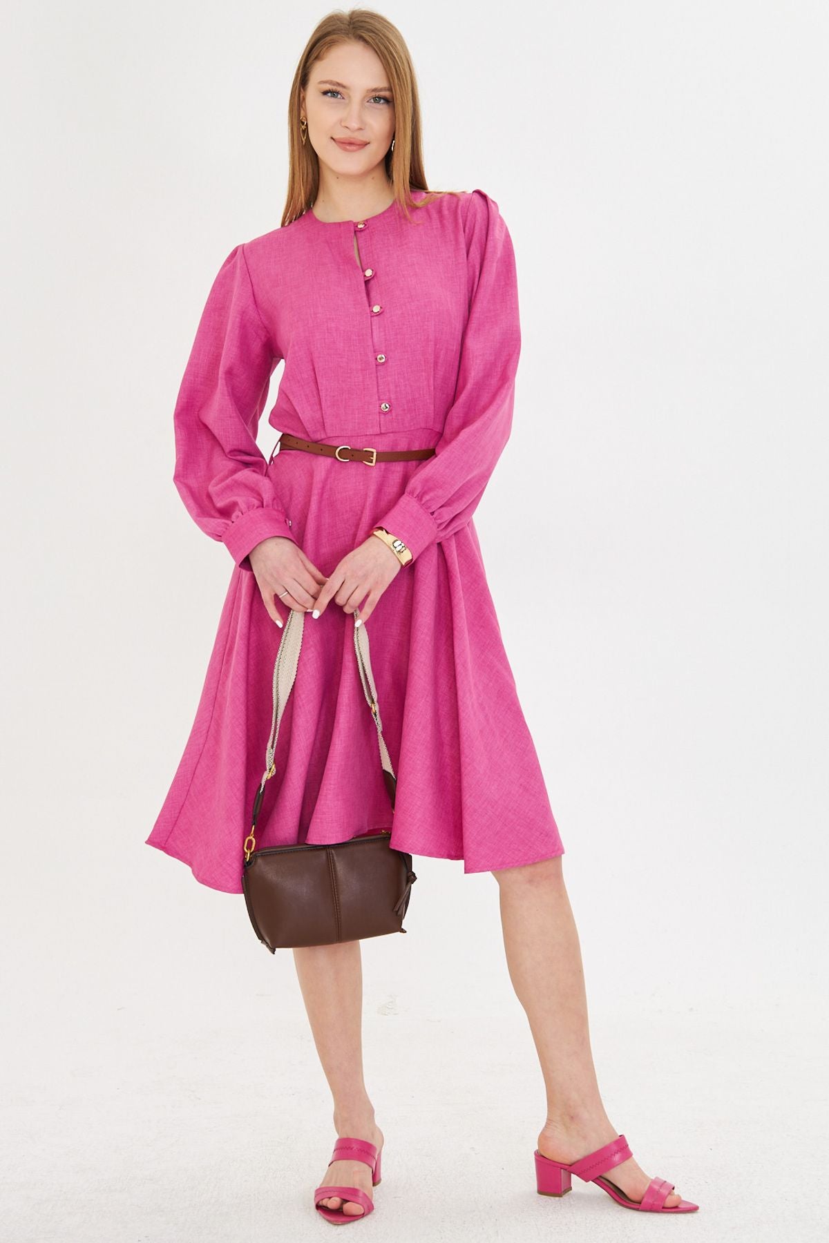 Fuchsia Zero collar front buttoned arms with headlines with arched arched dress ARM-25Y001006