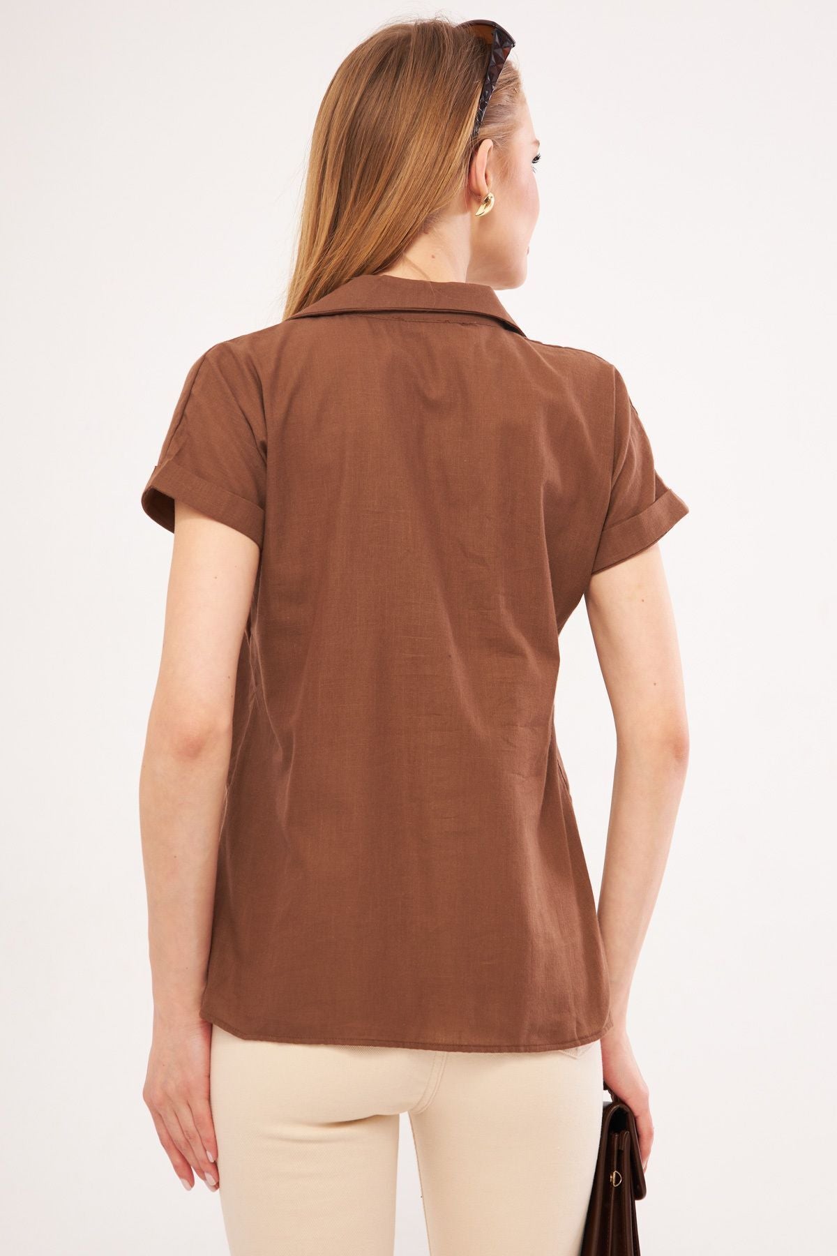 Woman Coffee Short Sleeve Linen Shirt ARM-24Y001038