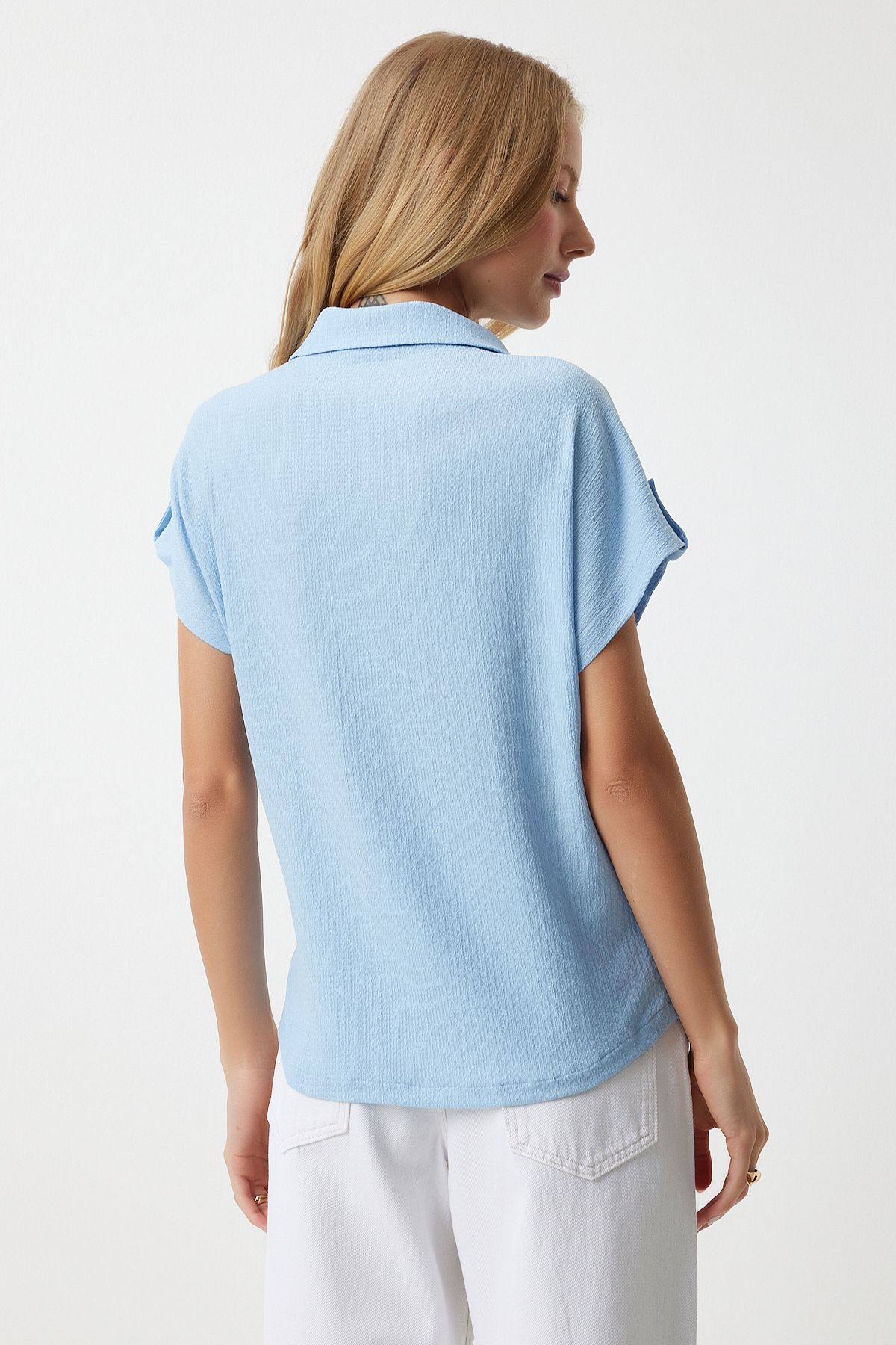Female Sky Blue Pocket Casual Knitting Shirt DD01325