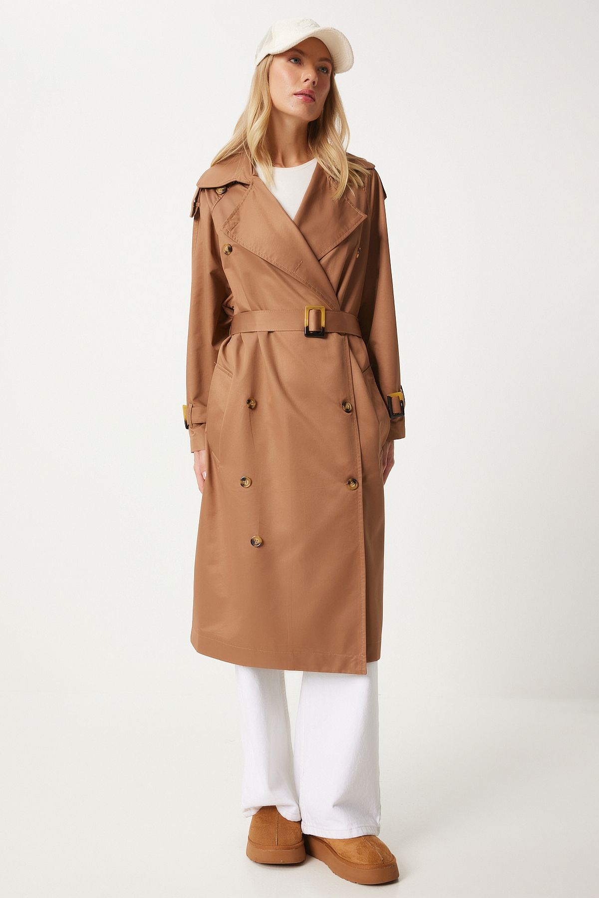 Female brown buckle arched seasonal trench coat FN03292