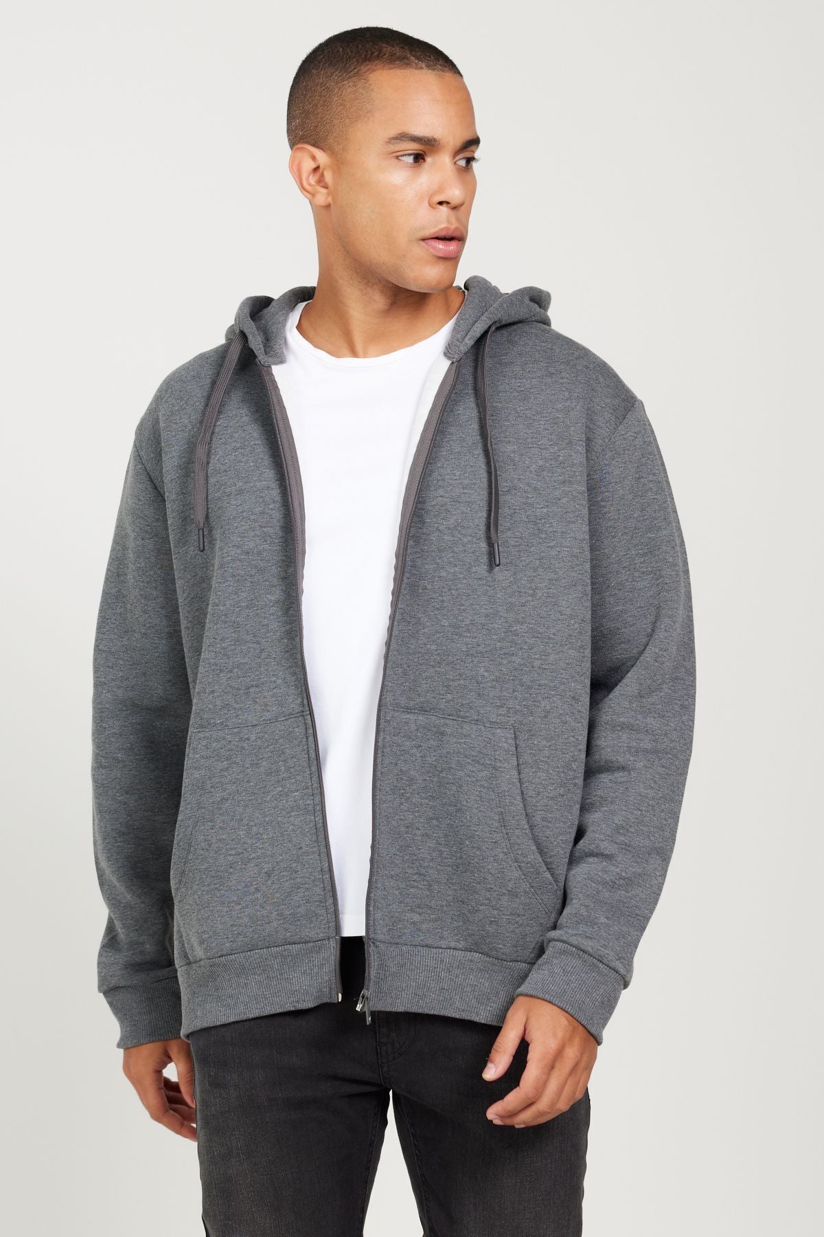 Men's anthracit-melanj standard fit normal cutting hooded zipper sweatshirt jacket