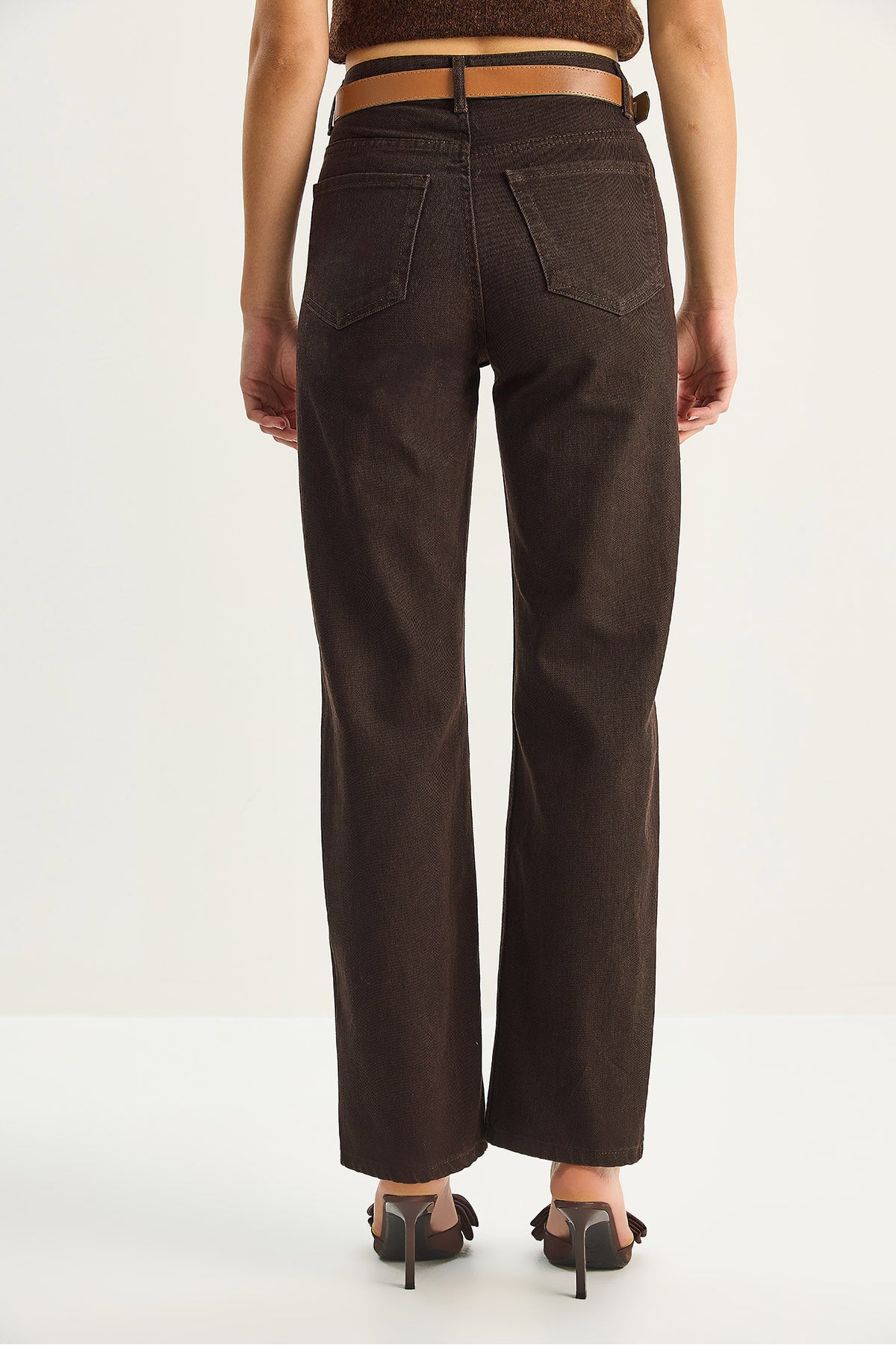 Women's Belted High Waist Straight Fit Denim Trousers 5220 60283744