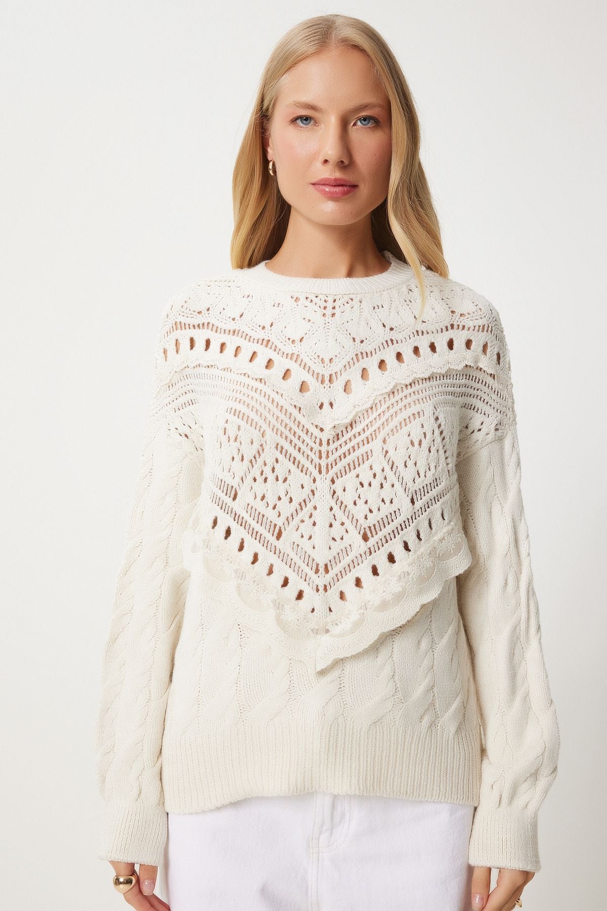Women's Cream Lace Detail Offer Knitwear Kazakh KL00005