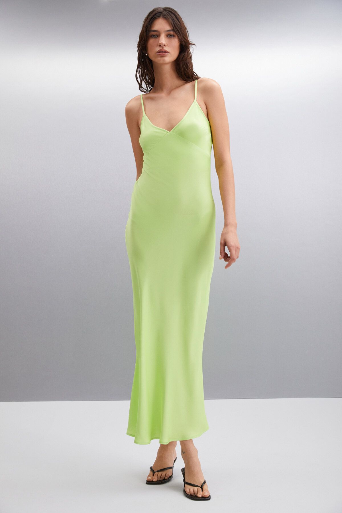 Nashaly woman thick woven satin strap with maxi light green dress expanding from the waist