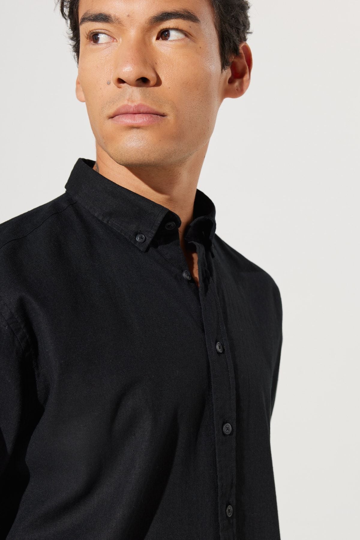 Men's black linen comfort fit comfortable cut buttoned collar shirt