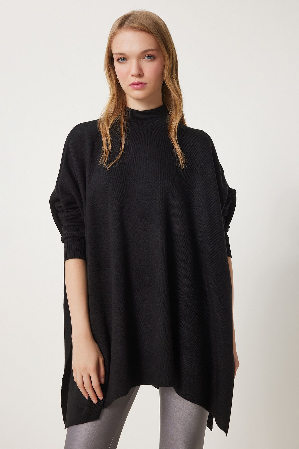 WOMEN'S Black Side Slit Oversiz Pancho Kazakh YY00005