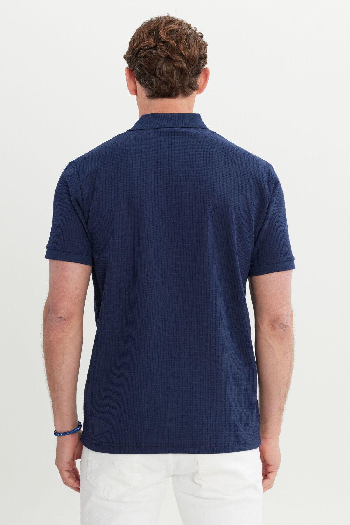 Men's Navy Blue Cotton Standard Fit Normal Cut Patterned Polo Yaka T -shirt