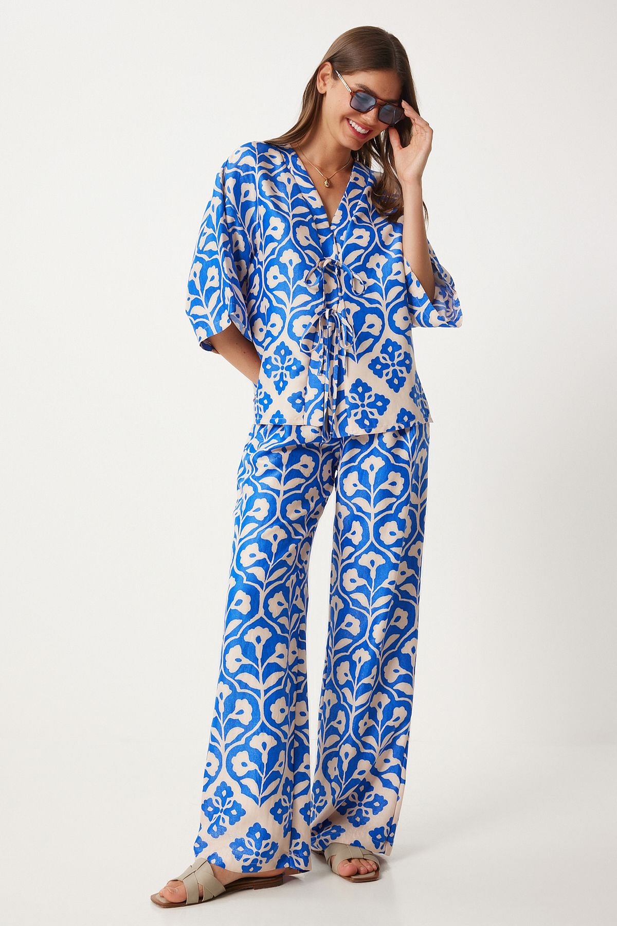 Female Blue Cream Patterned Viscose Blouse Palazzo Set FN03278