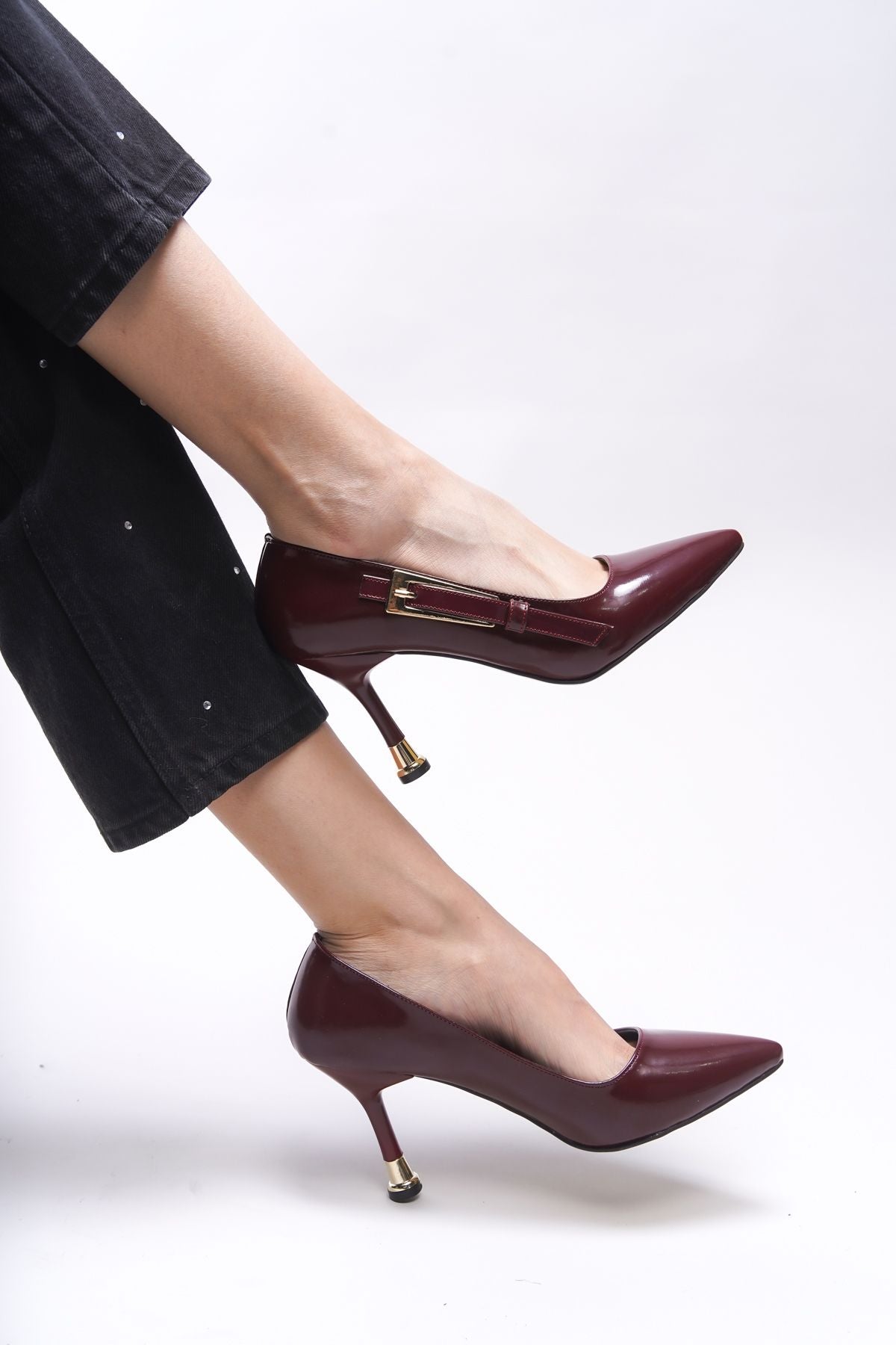 Yathae Women Heels Shoes 0012968 Bordeaux Patent Leather