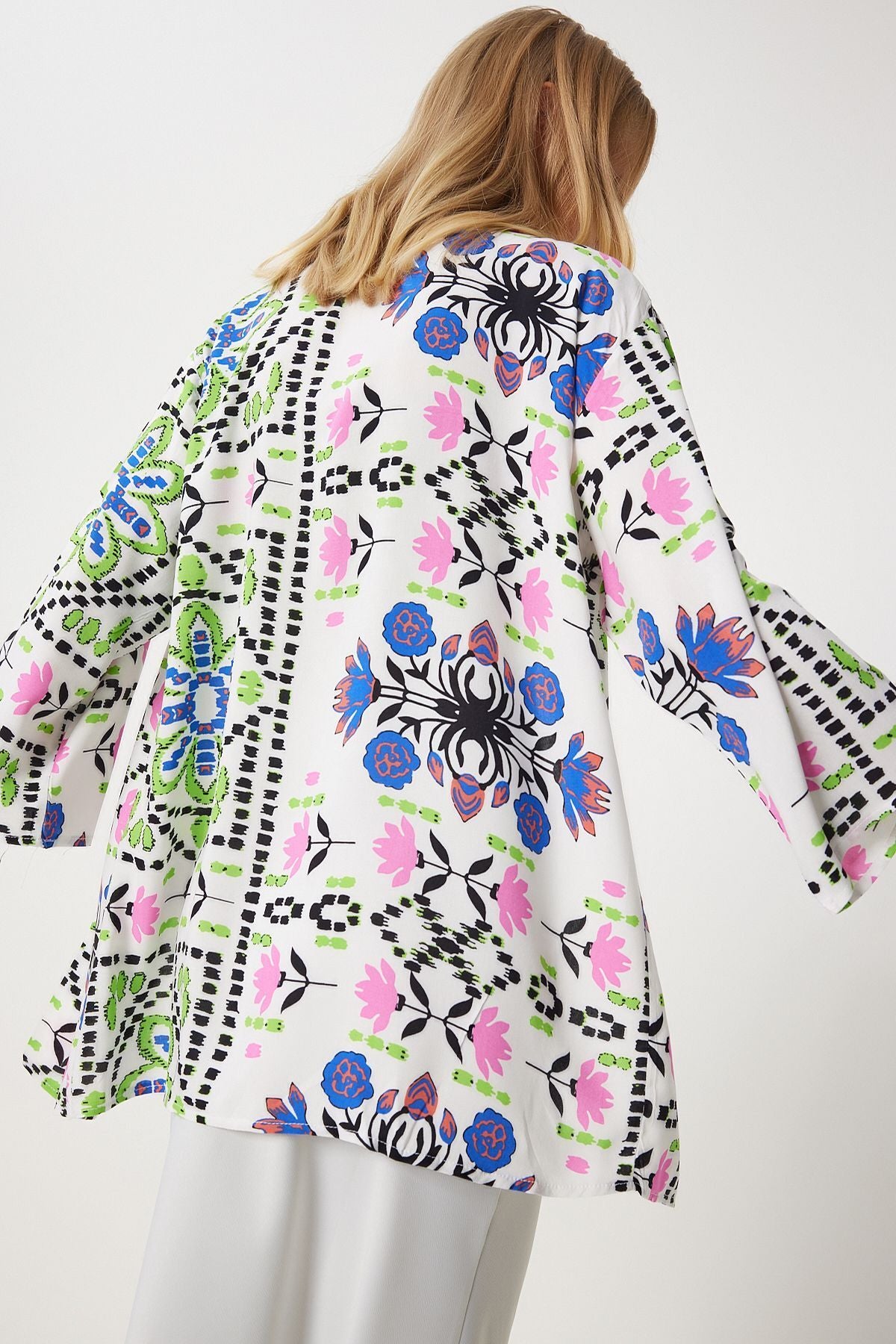 Female green blue patterned viscose kimono en00615