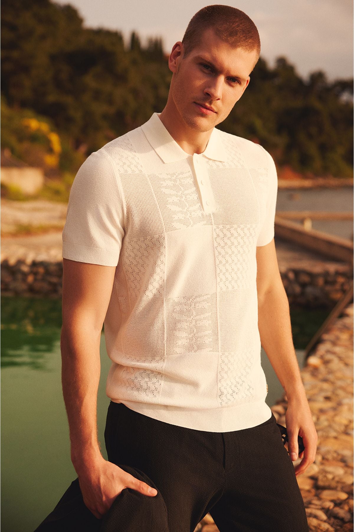 Men's White Cotton Output Polo Yaka Triko T-Shirt A31Y5031