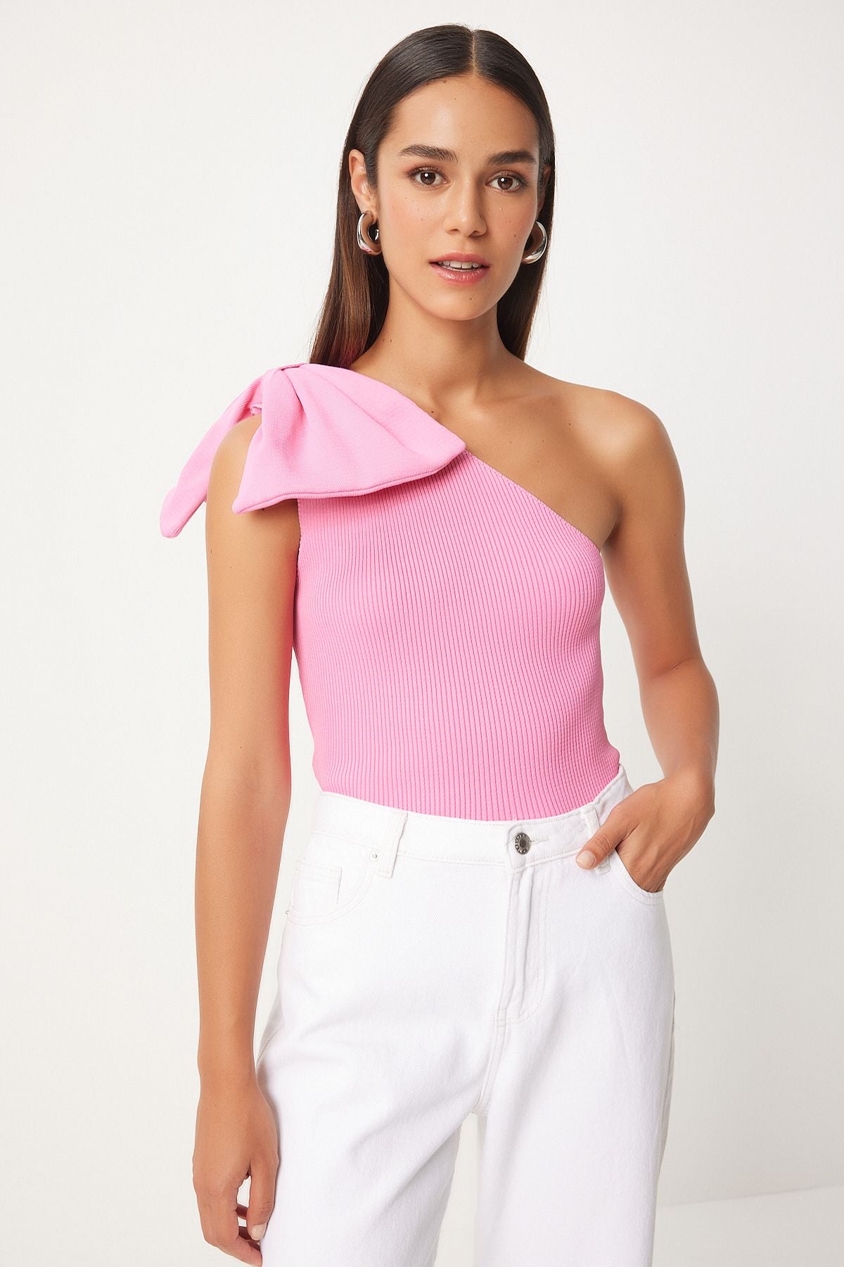 Female pink bow single shoulder knitwear blouse PF00075