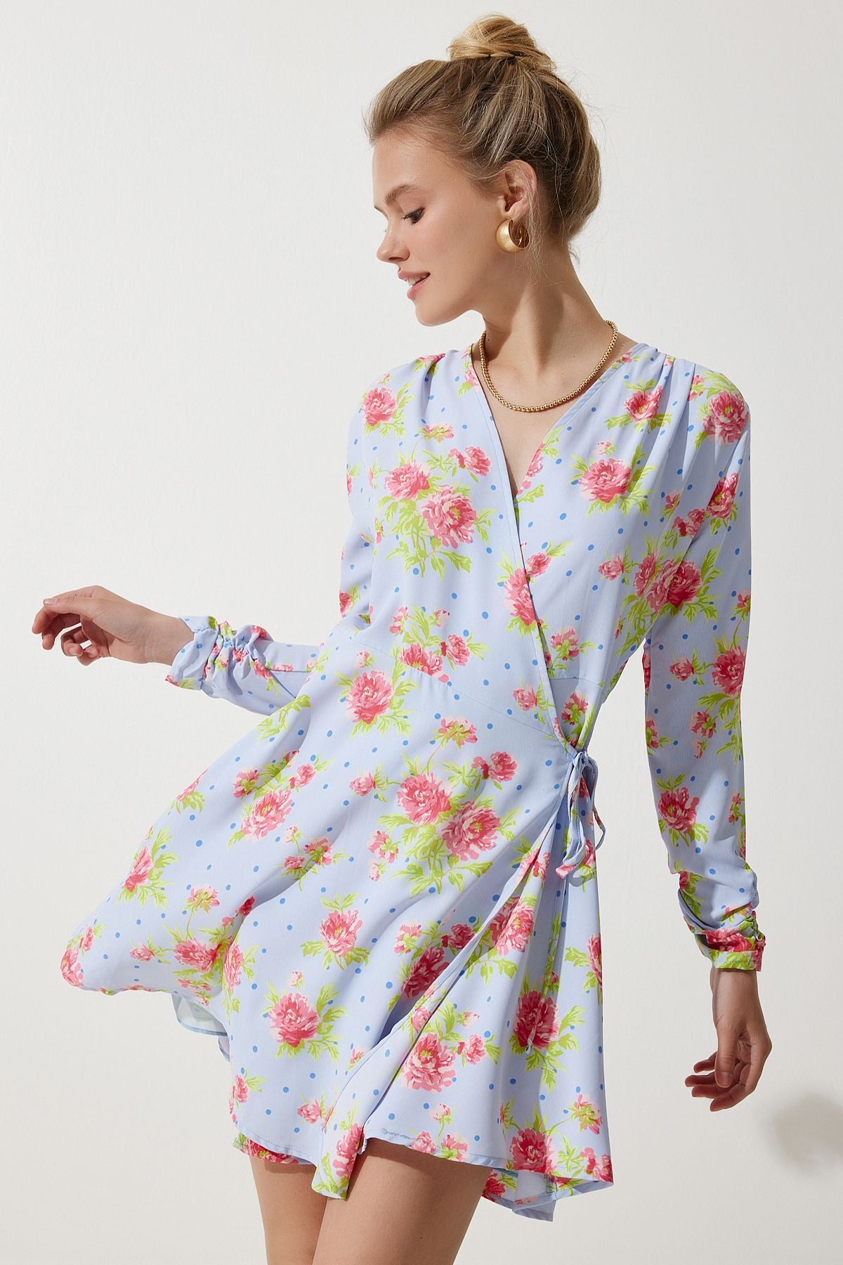 Woman Sky Blue Flower Mini Anvelop Chiffon Dress UB00274
