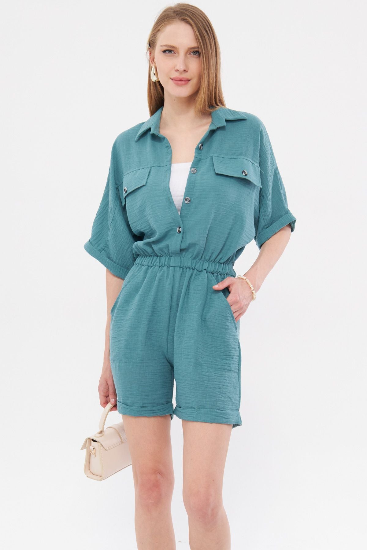 Female turquoise bat sleeve pocket waist waist tire shorts overalls ARM-23Y001075