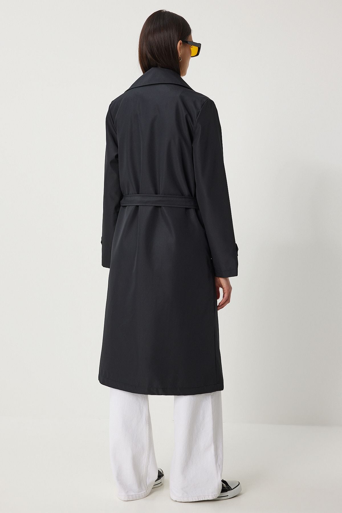 Women's black draped long trench coat DD01334