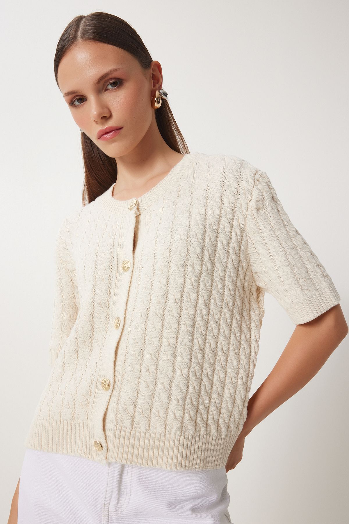 Women's Cream Bike Neck Hair Braided knitwear cardigan US00946