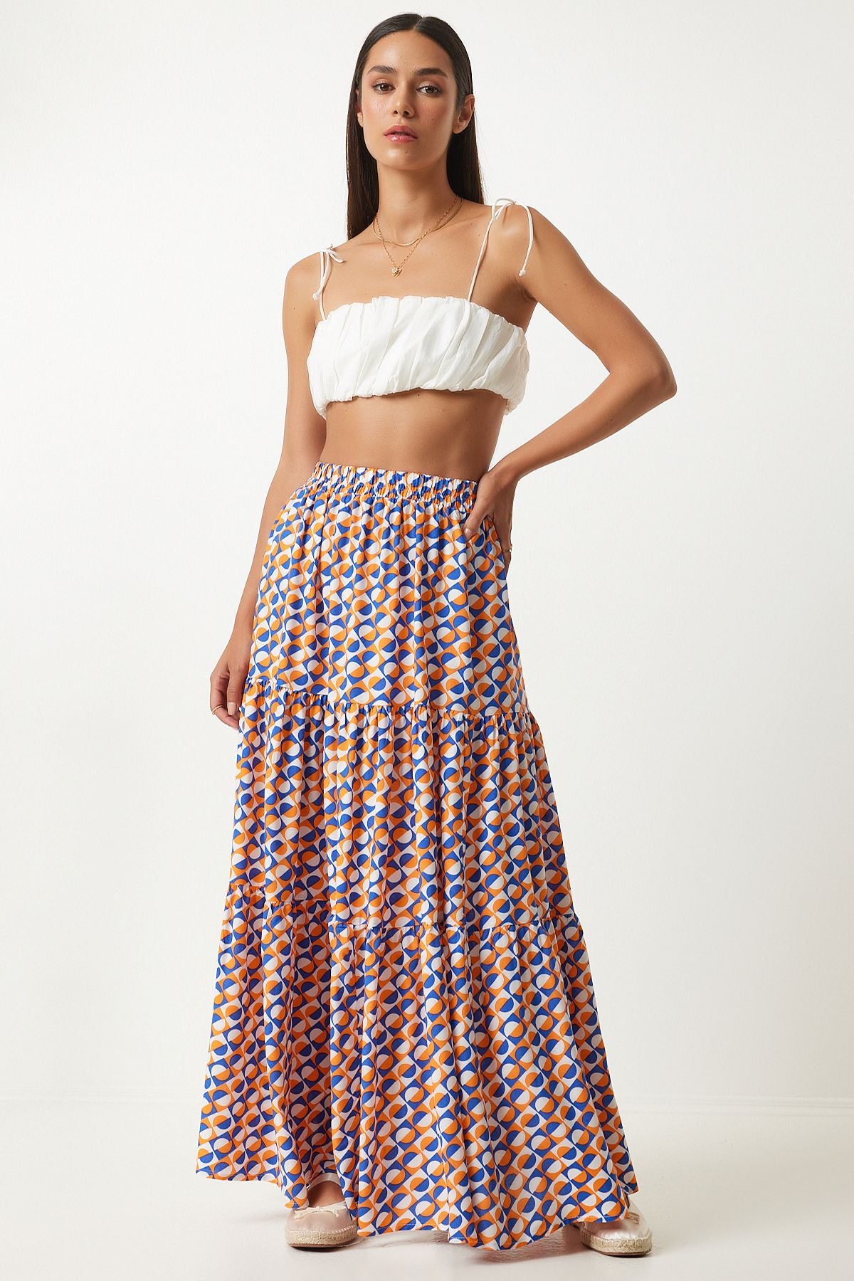 Female Oranj Blue Patterned Fleet Summer Maxi Viscose Skirt FN03197