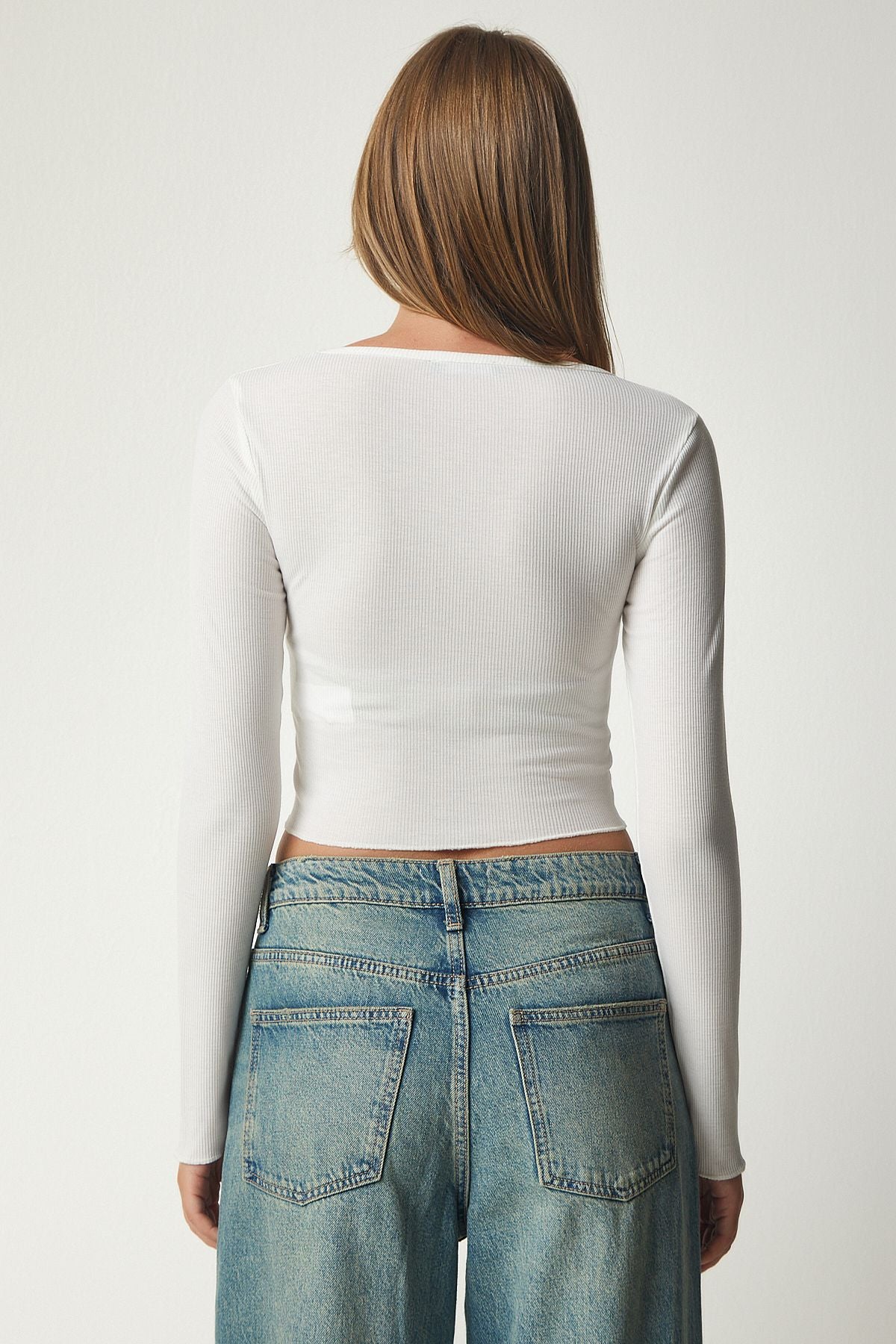 Woman White V -Yaka Crop knitted blouse UB00201