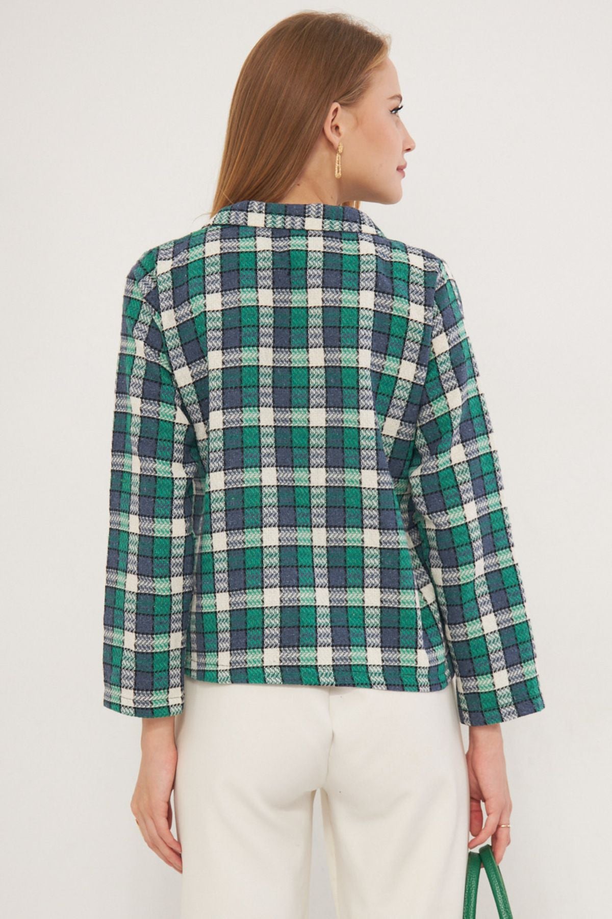 WOMEN'S GREEN PATTERNED POCKET COFE JACKET ARM-25K001038